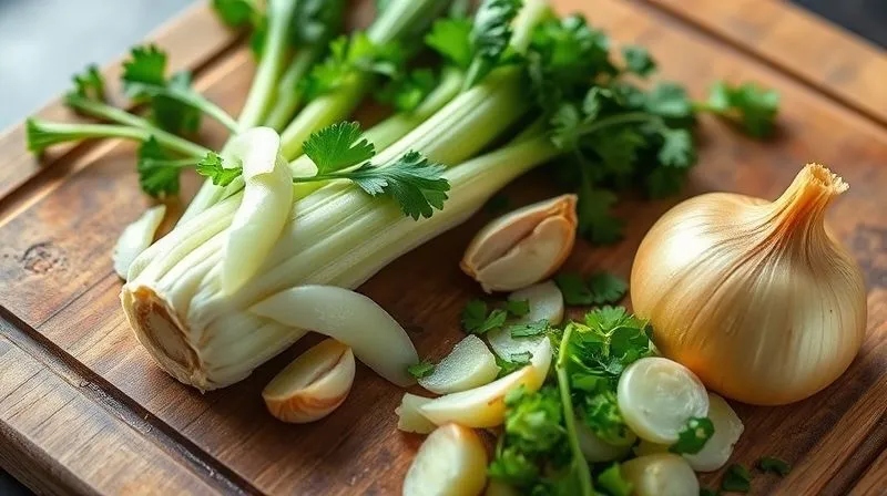 Photorealistic, professional photography, 8K, cinematic lighting, sharp focus, depth of field, shot on a high-end DSLR. A rustic wooden cutting board with a perfectly peeled and chopped celery root, fresh parsley, garlic cloves, and a golden onion, ready for cooking a healthy soup. The light is warm and inviting, highlighting the freshness of the ingredients.
