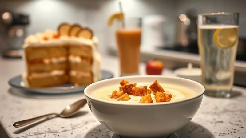 Photorealistic, professional photography, 8K, cinematic lighting, sharp focus, depth of field, shot on a high-end DSLR. A kitchen counter showing common diet mistakes: a bowl of celery cream soup excessively topped with heavy cream and oily croutons, next to a large, half-eaten slice of cake and a sugary drink. The lighting is slightly harsh, emphasizing the unhealthy choices. Focus on the sabotaged soup, creating a strong depth of field.