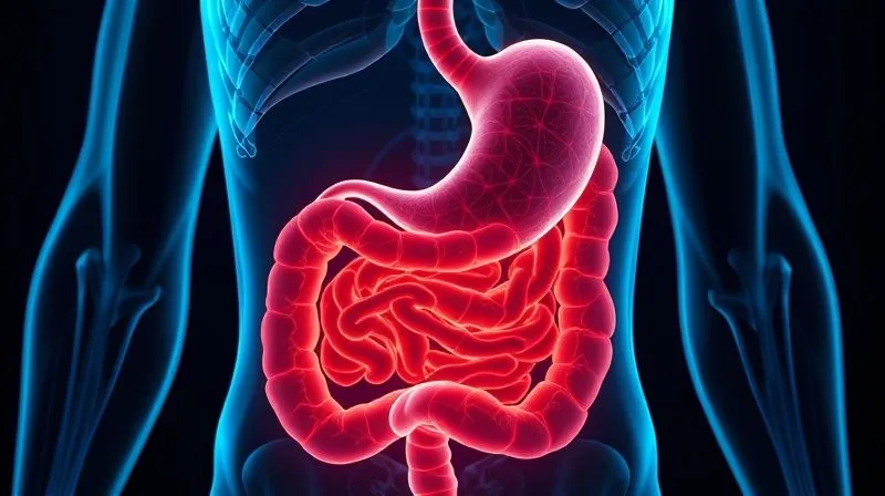 Photorealistic, professional photography of a cross-section of a human stomach and digestive system, with subtle glowing lines representing satiety signals and hormones, in a clean, scientific, yet visually appealing style. 8K, cinematic lighting, sharp focus, depth of field, shot on a high-end DSLR.