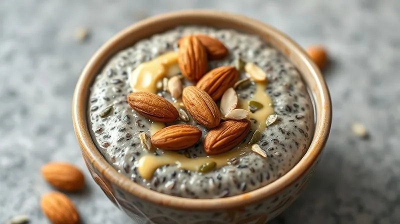 Photorealistic, professional photography of a small, perfectly portioned bowl of vegan chia pudding, topped with a few whole almonds, a drizzle of almond butter, and a scattering of pumpkin seeds. The focus is on the healthy fats, presented in an appealing, controlled manner. 8K, cinematic lighting, sharp focus, depth of field, shot on a high-end DSLR.