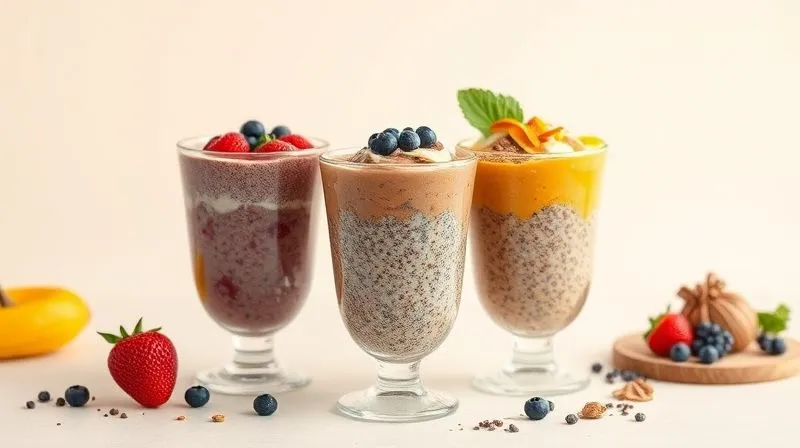 Photorealistic, professional photography of three distinct, vibrant vegan chia pudding variations, each in a stylish glass, showcasing different colors and toppings (e.g., berry, chocolate-banana, pumpkin spice). Arranged aesthetically on a light background, conveying creativity and health. 8K, cinematic lighting, sharp focus, depth of field, shot on a high-end DSLR.
