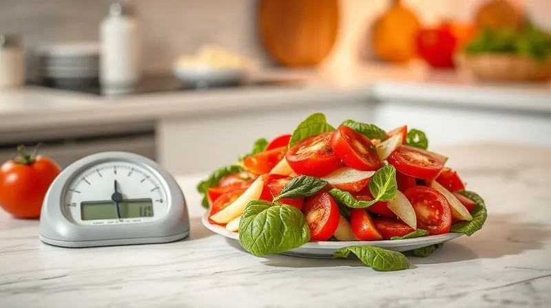 photorealistic, professional photography, 8K, cinematic lighting, sharp focus, depth of field, shot on a high-end DSLR, a deconstructed Caprese salad with a scale showing low protein and fiber next to it, symbolizing its nutritional inadequacy as a full meal. The background is a clean, minimalist kitchen counter.