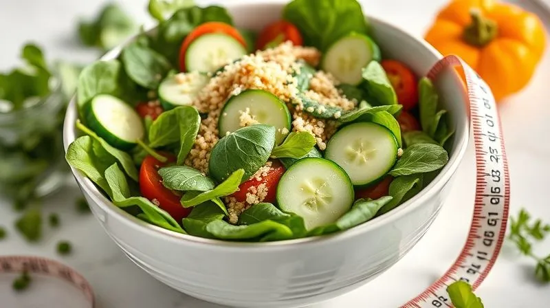 photorealistic, professional photography, 8K, cinematic lighting, sharp focus, depth of field, shot on a high-end DSLR, a vibrant Caprese salad bowl generously mixed with fresh spinach, cucumber slices, and a sprinkle of cooked quinoa, emphasizing the increased volume and nutritional density. A measuring tape is subtly integrated around the bowl, symbolizing weight loss and health. The setting is bright and natural.