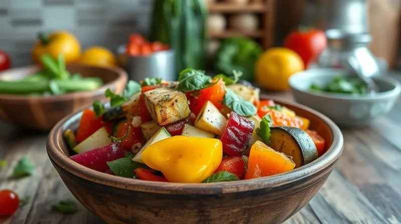 photorealistic, professional photography, 8K, cinematic lighting, sharp focus, depth of field, shot on a high-end DSLR, a creative Caprese salad variation featuring roasted bell peppers and zucchini alongside the traditional ingredients, served in a rustic bowl. The background shows hints of a Mediterranean kitchen, emphasizing culinary versatility and healthy innovation.