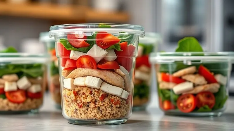 photorealistic, professional photography, 8K, cinematic lighting, sharp focus, depth of field, shot on a high-end DSLR, several transparent glass meal prep containers neatly arranged on a kitchen counter, each filled with a layered, modified Caprese salad. One container is open, showing the distinct layers of dressing, chicken, quinoa, tomatoes, mozzarella, and greens. The scene evokes organization and healthy living.
