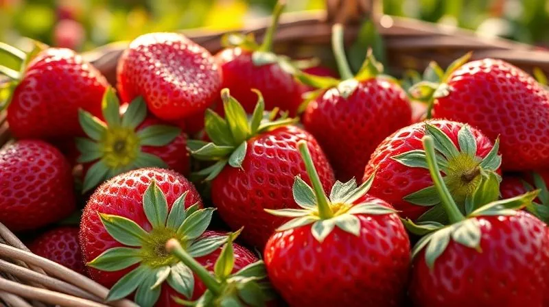 A close-up, photorealistic, professional photography shot of perfectly ripe, vibrant red strawberries with green stems, glistening with morning dew, arranged in a rustic wooden basket. The background is softly blurred with a sun-drenched strawberry field. Cinematic lighting highlights the texture and freshness. Sharp focus on the foreground strawberries, with depth of field. 8K hyper-detailed, shot on a high-end DSLR.