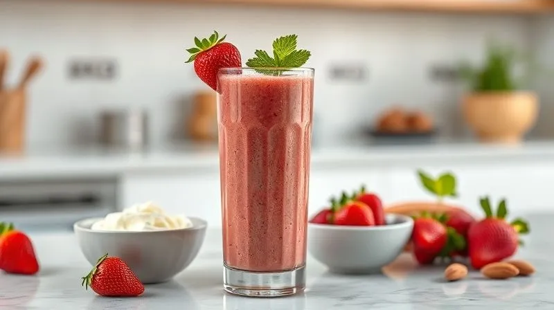 A photorealistic, professional photography shot of a vibrant strawberry smoothie in a tall glass, garnished with fresh mint and a sprinkle of chia seeds, placed next to a small bowl of Greek yogurt and a few whole almonds. The setting is a bright, minimalist kitchen counter with soft, natural cinematic lighting. Sharp focus on the smoothie, with depth of field blurring the background. 8K hyper-detailed, shot on a high-end DSLR.