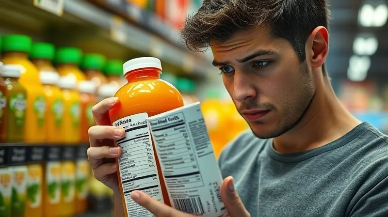 A photorealistic, professional photography shot of a person thoughtfully reading a complex nutritional label on a juice bottle in a supermarket aisle, with a slightly confused or concerned expression. The background is blurred with other colorful juice bottles. Cinematic lighting, sharp focus on the label and the person's face, depth of field. 8K hyper-detailed, shot on a high-end DSLR.
