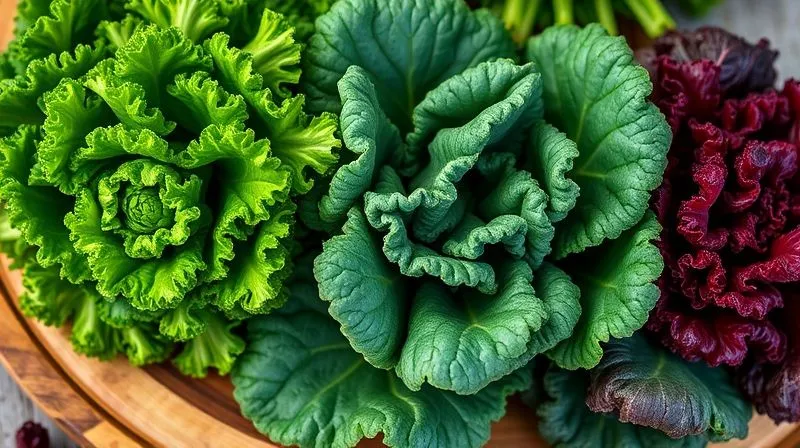 Photorealistic, professional photography, 8K, cinematic lighting, sharp focus, depth of field, shot on a high-end DSLR. A close-up shot of three different types of fresh kale: vibrant green curly kale, dark crinkled Lacinato kale, and red Russian kale, all arranged aesthetically on a rustic wooden board. The leaves are dewy and fresh, suggesting high quality and readiness for juicing. Soft, natural light highlights their textures and colors.