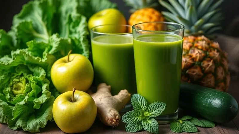 Photorealistic, professional photography, 8K, cinematic lighting, sharp focus, depth of field, shot on a high-end DSLR. A vibrant, artfully arranged collection of fresh ingredients for a healthy juice: bright green kale leaves, crisp green apples, a yellow pineapple, a knob of ginger, a cucumber, and a few mint leaves, all glistening with freshness. The composition should suggest harmony and deliciousness, with a glass of finished, appealing green juice in the background.