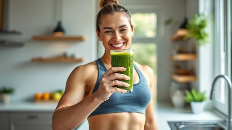 Photorealistic, professional photography, 8K, cinematic lighting, sharp focus, depth of field, shot on a high-end DSLR. A fit, smiling person in athletic wear, holding a glass of vibrant green kale juice, standing in a bright, modern kitchen or by a window with natural light. The person looks energized and healthy, embodying the benefits of a nutritious diet and active lifestyle. Focus on the person's positive emotion and the appealing juice.