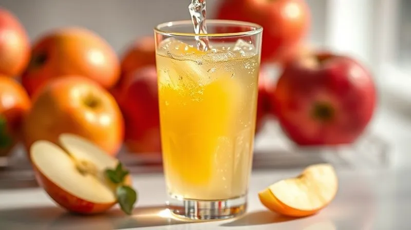A clear glass of freshly squeezed apple juice being diluted with sparkling water, creating a gentle swirling effect. The scene is brightly lit, showcasing the refreshing quality of the drink, photorealistic, professional photography, 8K, cinematic lighting, sharp focus, depth of field, shot on a high-end DSLR.