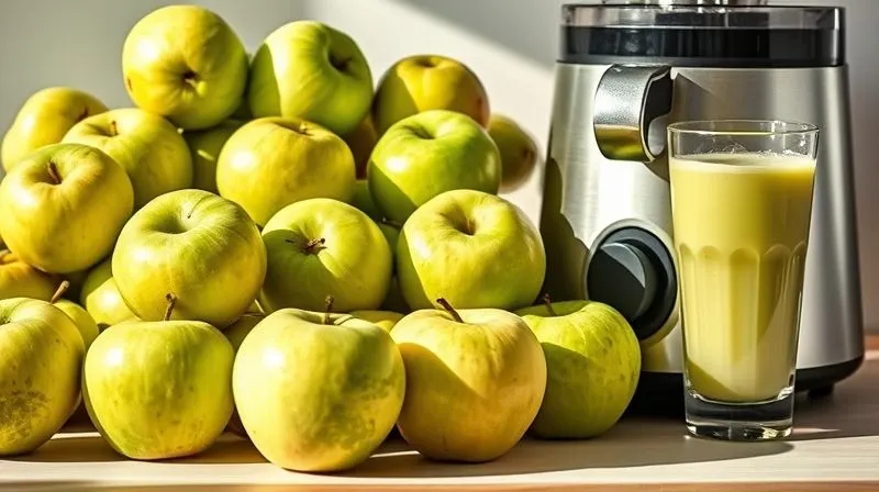 An assortment of fresh, vibrant green Granny Smith apples next to a modern slow juicer, with a clear glass of freshly squeezed juice. The scene is bathed in natural, bright light, highlighting the freshness and purity, photorealistic, professional photography, 8K, cinematic lighting, sharp focus, depth of field, shot on a high-end DSLR.