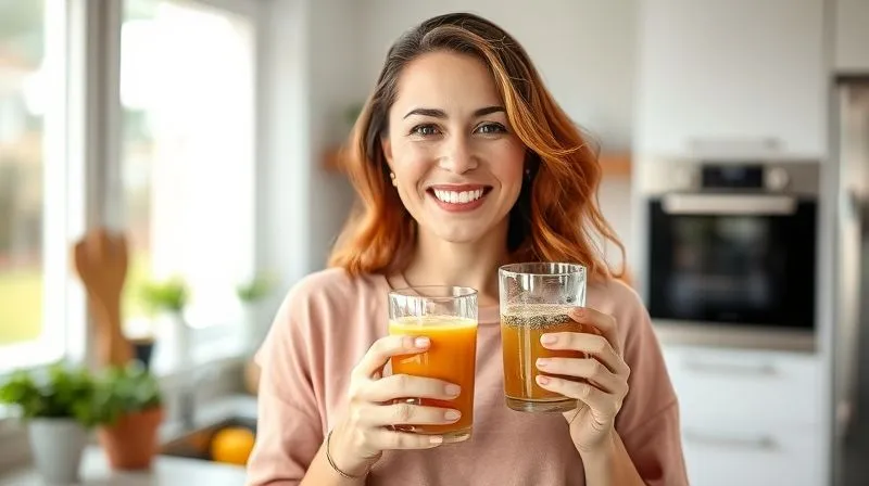 A vibrant, energetic woman in her early 30s, smiling confidently, holding a glass of a healthy, diluted juice with chia seeds, in a bright, modern kitchen. Natural light floods the scene, conveying a sense of well-being and success. Photorealistic, professional photography, 8K, cinematic lighting, sharp focus, depth of field, shot on a high-end DSLR.