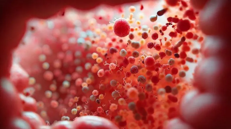 A photorealistic, professional photography, 8K, cinematic lighting, sharp focus, depth of field, shot on a high-end DSLR, microscopic view of diverse gut bacteria in a healthy intestine, vibrant and dynamic, symbolizing a balanced microbiome.