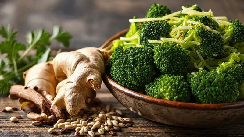 A photorealistic, professional photography, 8K, cinematic lighting, sharp focus, depth of field, shot on a high-end DSLR, a vibrant still life of fresh ginger root, fennel seeds, and cumin seeds arranged artfully next to a bowl of steamed broccoli, suggesting natural digestive aids.
