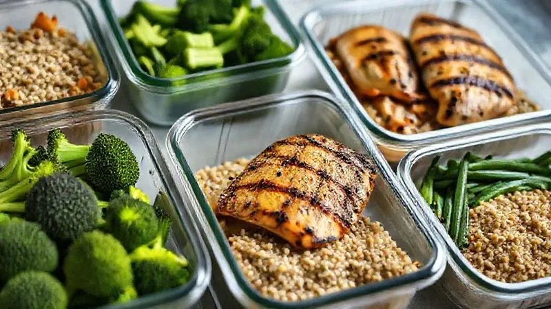 A photorealistic, professional photography, 8K, cinematic lighting, sharp focus, depth of field, shot on a high-end DSLR, a vibrant, low-fat meal prep scene featuring neatly arranged containers with steamed broccoli, grilled chicken breast, and quinoa, symbolizing balanced and easily digestible meal combinations.