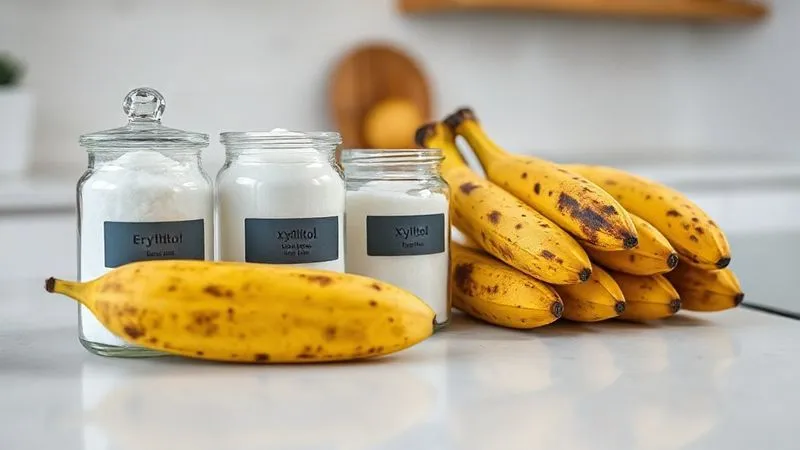 Photorealistic image of various sugar substitutes like erythritol, xylitol, and stevia in elegant glass jars, alongside very ripe, dark-spotted bananas on a clean, light-colored kitchen counter. Cinematic lighting, sharp focus, depth of field, 8K hyper-detailed, professional photography.