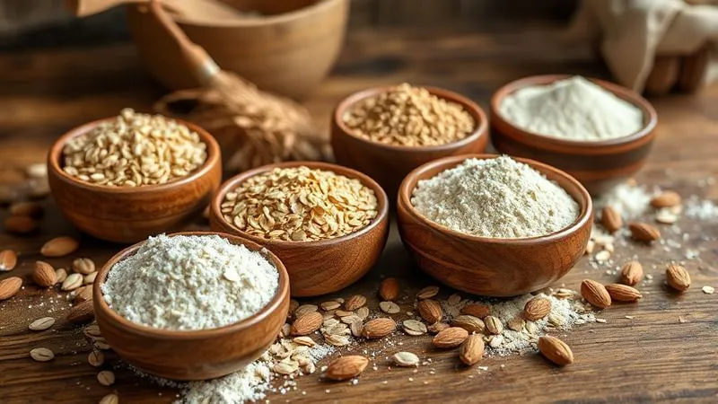 Photorealistic image of various types of flour: whole wheat, oat, and almond flour, elegantly displayed in small wooden bowls on a rustic kitchen table. A subtle scattering of oats and almonds around the bowls. Cinematic lighting, sharp focus, depth of field, 8K hyper-detailed, professional photography.