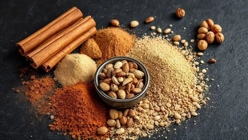 Photorealistic image of various spices: cinnamon sticks, ground cinnamon, whole nutmeg, ground nutmeg, and vanilla beans, arranged artfully on a dark, textured surface. A small bowl of chopped walnuts and a sprinkle of chia seeds are also present. Cinematic lighting, sharp focus, depth of field, 8K hyper-detailed, professional photography.