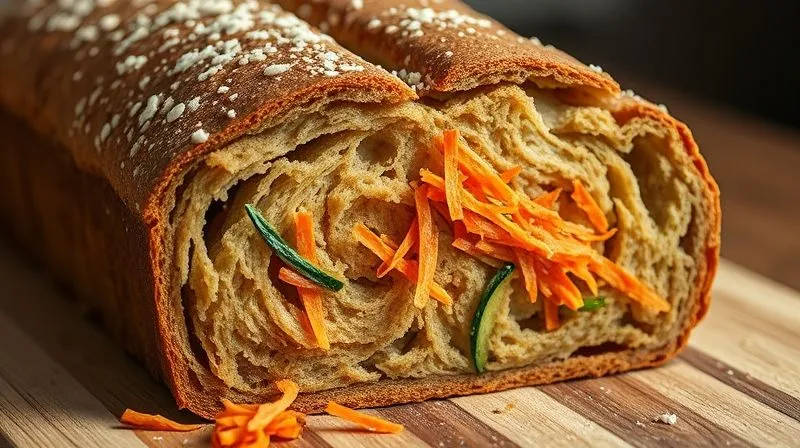 photorealistic, professional photography, 8K, cinematic lighting, sharp focus, depth of field, shot on a high-end DSLR, a vibrant, freshly baked loaf of rye bread, cut open to show a moist crumb studded with finely grated carrots and zucchini, with hints of fresh herbs. The colors are rich and natural, emphasizing the healthy ingredients.