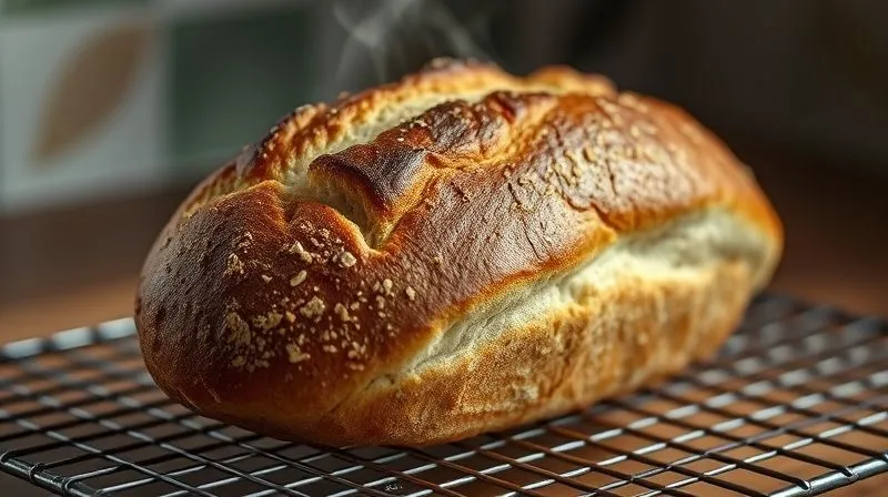 photorealistic, professional photography, 8K, cinematic lighting, sharp focus, depth of field, shot on a high-end DSLR, a perfectly golden-brown, crusty loaf of rye bread cooling on a wire rack, with a warm, inviting glow. Steam is subtly rising from the bread, emphasizing its freshness and perfect bake.