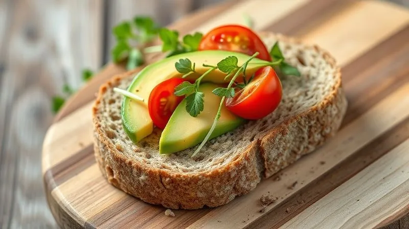 photorealistic, professional photography, 8K, cinematic lighting, sharp focus, depth of field, shot on a high-end DSLR, a single slice of homemade, healthy rye bread with visible grains and a light, airy texture, topped with fresh, vibrant, low-calorie ingredients like avocado slices, cherry tomatoes, and microgreens, artfully arranged on a rustic wooden board. The scene evokes freshness and a healthy lifestyle.