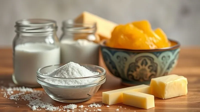 photorealistic, professional photography, 8K, cinematic lighting, sharp focus, depth of field, shot on a high-end DSLR, a vibrant still life composition featuring a small bowl of granulated sugar next to a jar of erythritol, and a stick of butter next to a bowl of unsweetened applesauce, all bathed in warm, soft light.