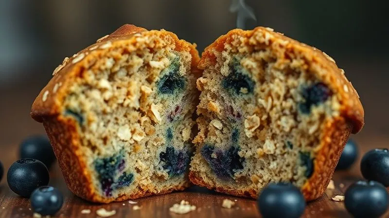 photorealistic, professional photography, 8K, cinematic lighting, sharp focus, depth of field, shot on a high-end DSLR, a close-up of a freshly baked oat muffin cut in half, revealing subtle specks of grated zucchini and blueberries, steam gently rising, emphasizing texture and natural ingredients.
