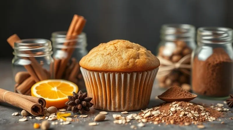 photorealistic, professional photography, 8K, cinematic lighting, sharp focus, depth of field, shot on a high-end DSLR, a collection of small glass jars filled with aromatic spices like cinnamon sticks, vanilla pods, orange zest, and cocoa powder, arranged artfully around a single, plain oat muffin, emphasizing natural flavor enhancers.