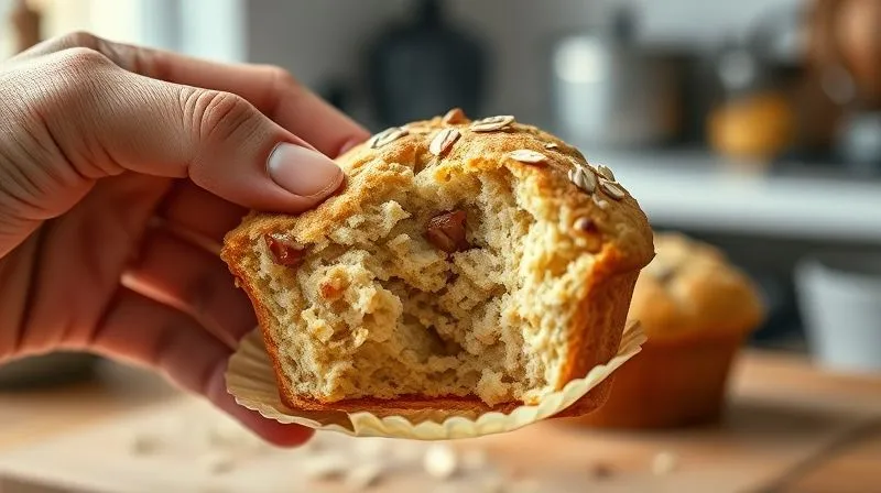 photorealistic, professional photography, 8K, cinematic lighting, sharp focus, depth of field, shot on a high-end DSLR, a close-up of a hand gently breaking open a light oat muffin, revealing its moist, fluffy interior, with a soft blur of a kitchen in the background, conveying comfort and satisfaction.