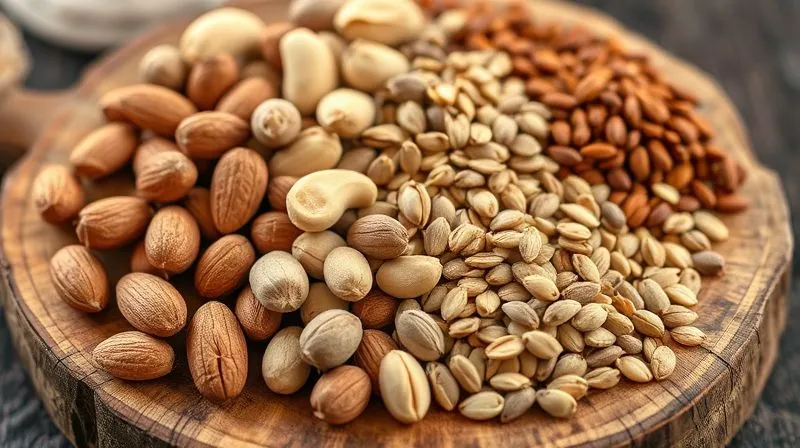 Photorealistic, professional photography, 8K, cinematic lighting, sharp focus, depth of field, shot on a high-end DSLR. A variety of raw nuts and seeds artfully arranged on a rustic wooden board, including almonds, cashews, peanuts, sunflower seeds, and pumpkin seeds, illustrating the diversity of ingredients for a healthy nut butter, with warm, natural light.