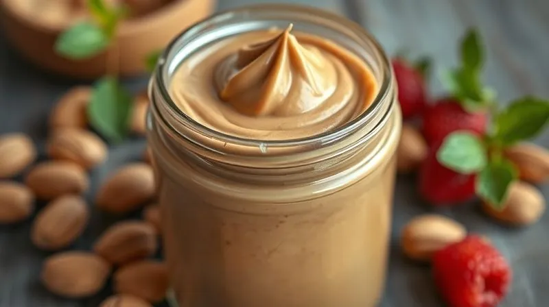 Photorealistic, professional photography, 8K, cinematic lighting, sharp focus, depth of field, shot on a high-end DSLR. A glass jar filled with perfectly smooth, creamy, and enticing low-calorie peanut butter, with a swirl on top, suggesting a luxurious texture. The lighting is soft and warm, highlighting the richness of the butter, with a subtle background of healthy ingredients like a sprig of fresh mint or a few berries, emphasizing its fit nature.
