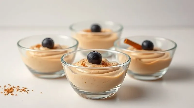 Photorealistic, professional photography, 8K, cinematic lighting, sharp focus, depth of field, shot on a high-end DSLR. Small, elegant glass bowls, each containing a perfectly measured, small portion of creamy peanut butter, garnished with a single blueberry or a sprinkle of cinnamon, against a clean, minimalist background. The lighting emphasizes the portion control and mindful eating aspect, inviting thoughtful consumption.
