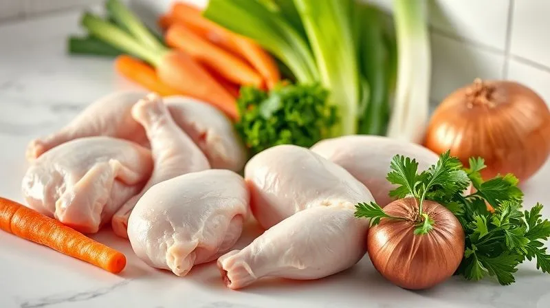 photorealistic, professional photography, 8K, cinematic lighting, sharp focus, depth of field, shot on a high-end DSLR. A clean, white kitchen counter with a selection of fresh, lean chicken parts (skinless drumsticks, chicken breast), alongside vibrant, colorful vegetables like carrots, celery, leeks, parsley, and a whole onion, all ready for broth preparation. The focus is on the healthy, raw ingredients, bathed in soft, natural light.