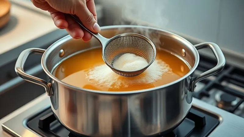 photorealistic, professional photography, 8K, cinematic lighting, sharp focus, depth of field, shot on a high-end DSLR. A large, stainless steel pot on a stove, gently simmering a golden broth. A hand is carefully skimming a thin layer of fat and foam from the surface with a fine-mesh skimmer. The background is slightly blurred, showing a clean, modern kitchen. Steam rises delicately from the pot, emphasizing the slow cooking process.