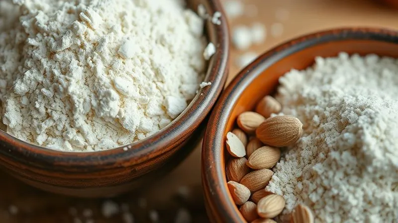 Photorealistic, professional photography, 8K, cinematic lighting, sharp focus, depth of field, shot on a high-end DSLR. A close-up of different types of flour in separate rustic ceramic bowls: finely ground whole rye flour, light almond flour, and a small pile of psyllium husks. The lighting emphasizes the texture and color differences, symbolizing choice and healthy modification.