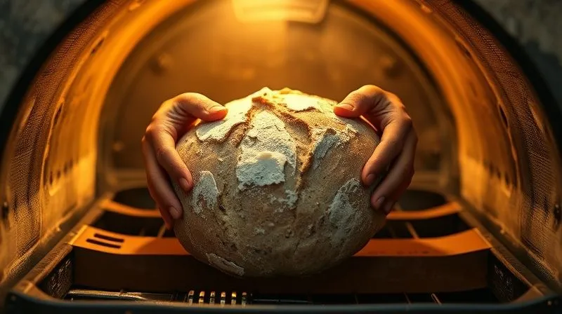 Photorealistic, professional photography, 8K, cinematic lighting, sharp focus, depth of field, shot on a high-end DSLR. A baker's hands gently placing a raw, proofed whole-grain sourdough loaf into a preheated Dutch oven inside a rustic oven. Soft, warm light illuminates the scene, highlighting the artisan process and the anticipation of a perfectly baked, healthy bread.
