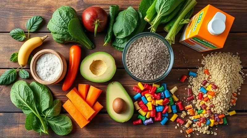 Photorealistic top-down view of various smoothie ingredients laid out on a rustic wooden table. Some ingredients are healthy (spinach, chia seeds, avocado, protein powder), while others are less ideal (a carton of sugary orange juice, a pile of candy). The image highlights the contrast between good and bad choices for a healthy smoothie, with cinematic lighting and sharp focus on the ingredients, 8K hyper-detailed, shot on a high-end DSLR.