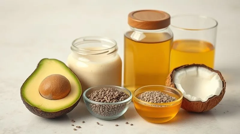 Photorealistic arrangement of healthy fat sources for a smoothie: a perfectly ripe avocado cut in half, a jar of creamy almond butter, a small bowl of chia seeds, and a glass of coconut oil. All are arranged artistically on a light, textured background with soft, natural lighting, sharp focus, depth of field, 8K hyper-detailed, shot on a high-end DSLR.