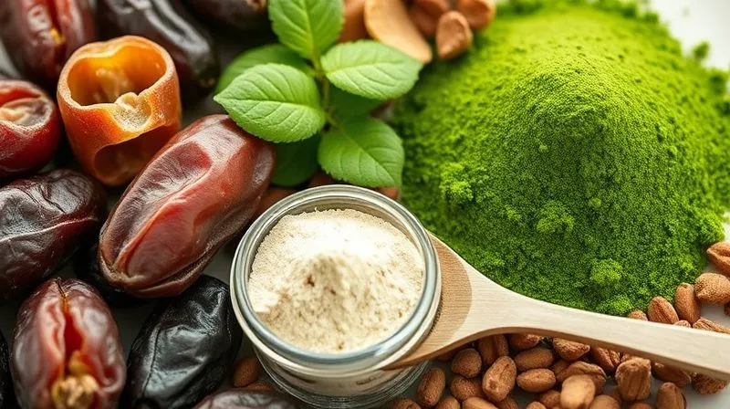 Photorealistic close-up of various superfoods and natural sweeteners beautifully arranged. This includes dried dates, a small container of stevia powder, a spoonful of maca powder, and a vibrant green spirulina powder. The setting is bright and natural, with cinematic lighting, sharp focus, depth of field, 8K hyper-detailed, shot on a high-end DSLR.