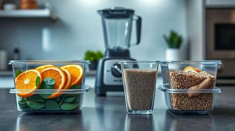 Photorealistic arrangement of meal prep containers on a modern kitchen counter. Each container holds pre-portioned smoothie ingredients: one with sliced frozen oranges and spinach, another with chia seeds and ginger. A blender stands ready in the background. The scene is bright and organized, emphasizing efficiency and healthy habits. Cinematic lighting, sharp focus, depth of field, 8K hyper-detailed, shot on a high-end DSLR.
