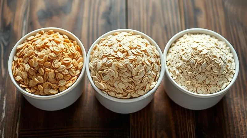 photorealistic, professional photography, 8K, cinematic lighting, sharp focus, depth of field shot of three bowls side-by-side on a rustic wooden table: one with whole oat groats, one with rolled (old-fashioned) oats, and one with instant oats. Each bowl is clearly labeled with a small, elegant handwritten tag. The lighting emphasizes the texture and slight color differences of each oat type, conveying their distinct processing levels. Shot on a high-end DSLR.