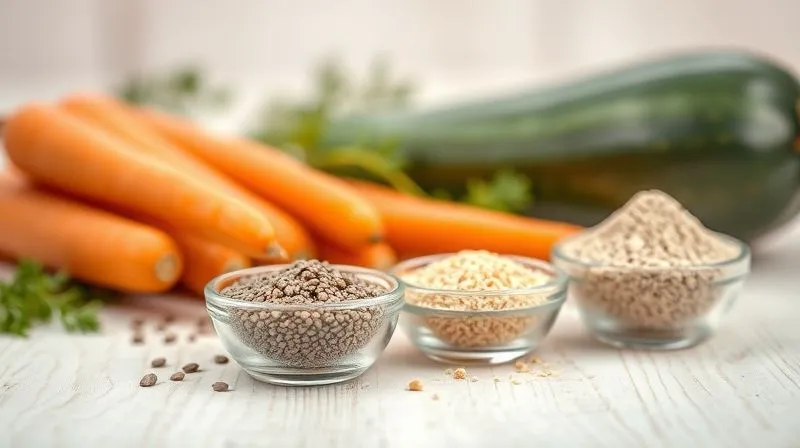 photorealistic, professional photography, 8K, cinematic lighting, sharp focus, depth of field shot of a selection of high-fiber ingredients arranged aesthetically on a light wooden background. Include a small bowl of chia seeds, another with ground flaxseed, and a third with psyllium husk. In the background, subtly blurred, are fresh carrots and zucchini, suggesting their use in healthy recipes. The lighting is bright and natural, highlighting the textures of the ingredients. Shot on a high-end DSLR.