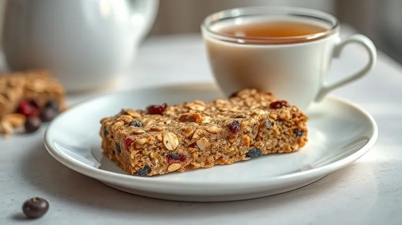 photorealistic, professional photography, 8K, cinematic lighting, sharp focus, depth of field shot of a beautifully presented, homemade fit oat bar, perfectly golden brown, with visible chunks of nuts and dried berries. It's placed on a clean white plate next to a cup of herbal tea, with soft, natural light illuminating the scene, creating a sense of calm and healthy indulgence. Shot on a high-end DSLR.