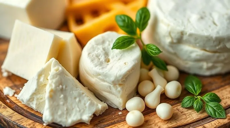 Photorealistic close-up of different types of mozzarella (light, traditional, small pearls) on a rustic wooden board, with a focus on texture and freshness, cinematic lighting, sharp focus, depth of field, 8K hyper-detailed.