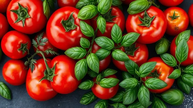 Photorealistic image of a vibrant assortment of fresh, ripe tomatoes (cherry, heirloom, beefsteak) and abundant green basil leaves on a dark culinary background, shot from above, professional photography, 8K, cinematic lighting, sharp focus, depth of field.