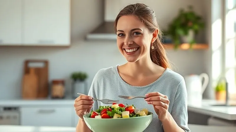 Photorealistic image of a woman happily eating a fresh, light Caprese salad in a modern, bright kitchen, sunlight streaming in. She looks healthy and satisfied. Professional photography, 8K, cinematic lighting, sharp focus, depth of field, shot on a high-end DSLR.