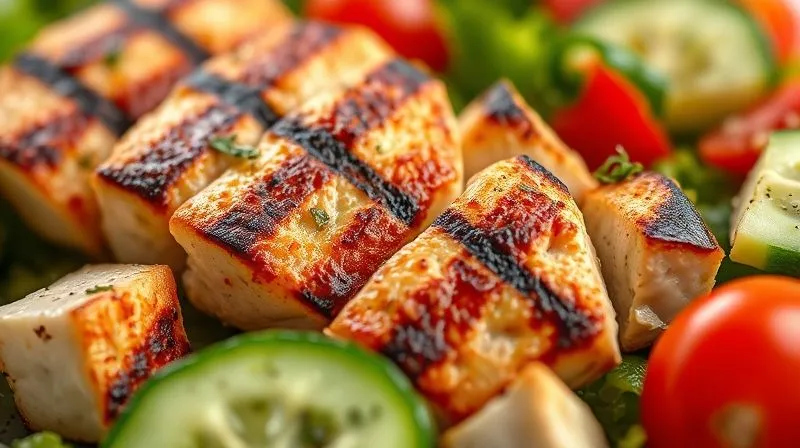A photorealistic close-up of perfectly grilled chicken breast cubes alongside fresh cucumber and tomato in a Greek salad, professional photography, 8K, cinematic lighting, sharp focus, depth of field, shot on a high-end DSLR.