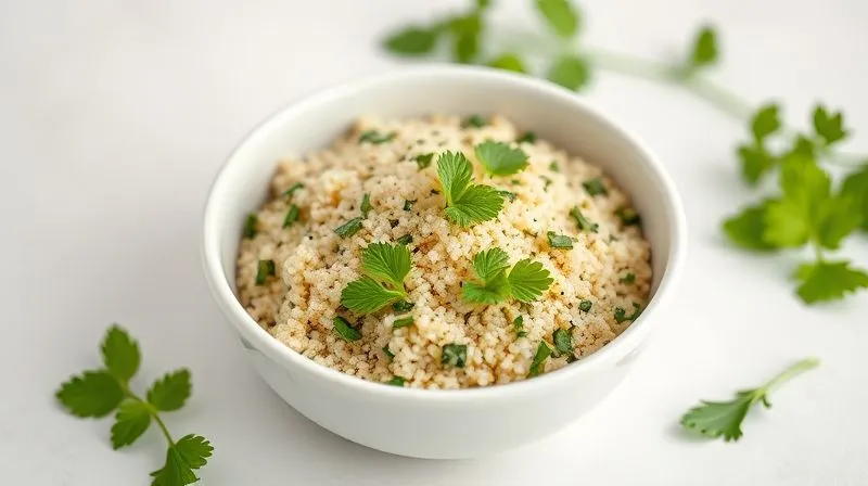 A visually appealing, professional photography shot of a Greek salad bowl with a generous sprinkle of cooked quinoa, fresh mint, and parsley. The bowl is on a light, minimalist background, emphasizing the healthy, vibrant ingredients. Cinematic lighting, sharp focus on the texture of quinoa and herbs, depth of field. Shot on a high-end DSLR, 8K hyper-detailed.